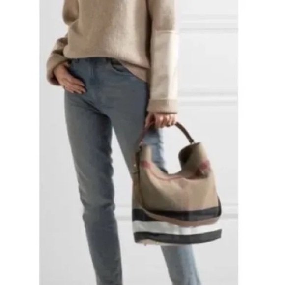 BURBERRY ASHBY canvas check medium leather trim convertible Tote shoulder bag - Picture 3 of 10